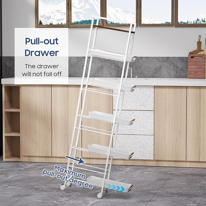 6 Tier Slim Storage Cart with Pull-Out Baskets Rolling Cart with Wheels Wood Top Narrow Utility Cart Metal Shelving Units for Pantry Laundry Room Bathroom Kitchen White 8in(W) - Image 4