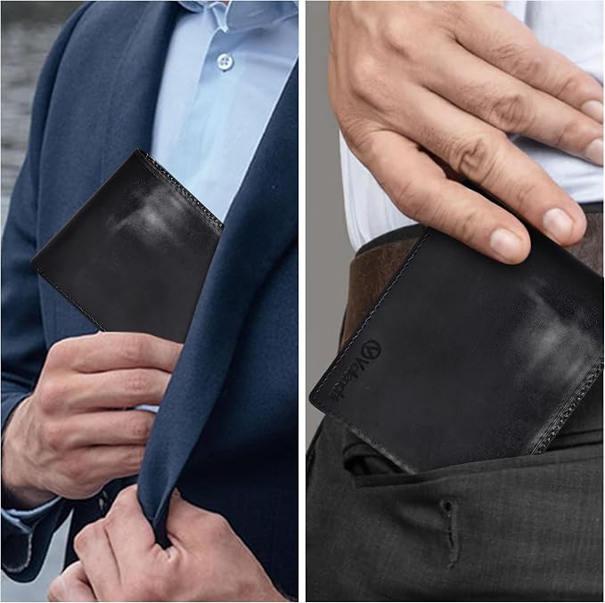VALENCHI Genuine/Real Leather Bifold Wallet For Men - RFID Blocking/Protected Men's Slim Wallet - Christmas Gifts For Men (Black Italian V.T BF01) - Image 2