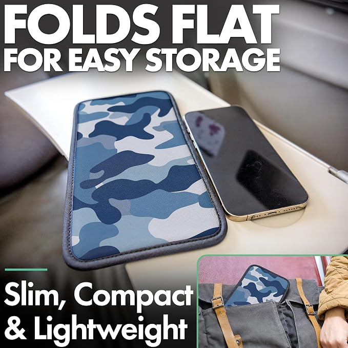 Airplane Phone Holder - Foldable Phone Stand for Plane Travel | Aluminum Build, 9 x 5 in. Blue Camo, Tabletop Mount Desk, Plane Tray Seat back, Treadmill, Fits iPhone Cell Phone - Image 4