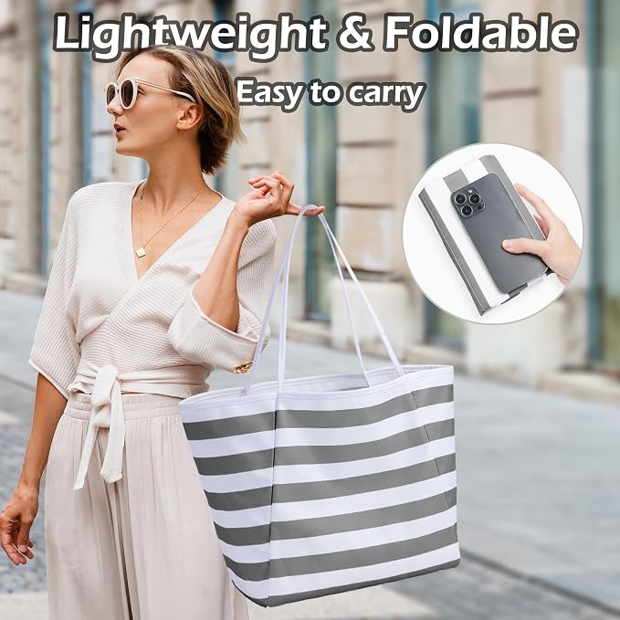 KALIDI Beach Tote Bag Women Large Waterproof Sandproof Shoulder Handbags | Foldable Grocery Bag Striped Pool Bag Lightweight Travel Purse for Picnic Travel Vacation Casual Errands Everyday Daily - Image 4