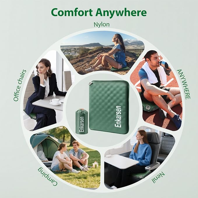 Inflatable Travel Seat Cushion – Self-Inflating Memory Foam Pad for Airplane, Stadium Bleachers, Camping, Hiking & Backpacking – Ultralight Compact & Portable Sitting Cushion (Green) - Image 5