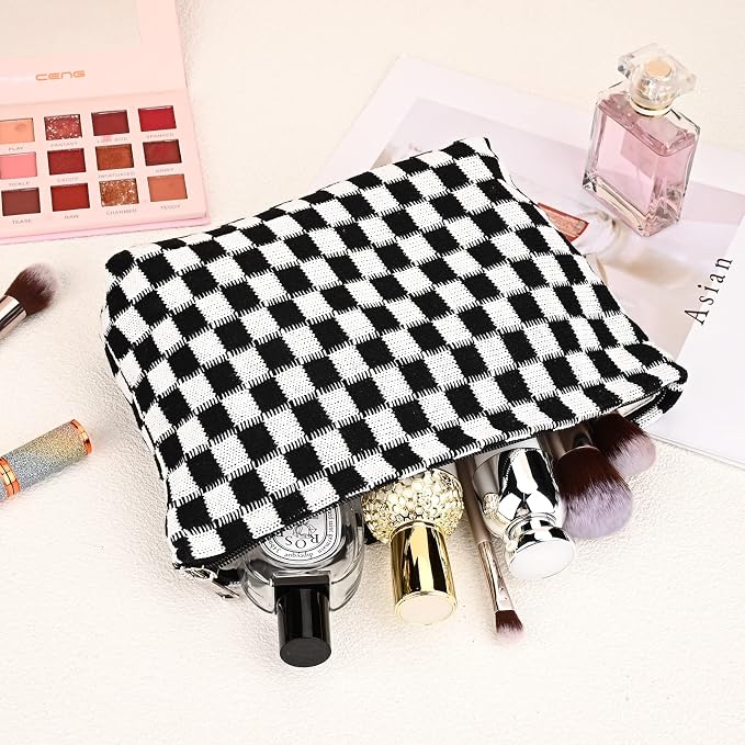 SOIDRAM 2 Pieces Black Makeup Bag Large Checkered Cosmetic Bag Capacity Canvas Mix Travel Toiletry Bag Organizer Cute Makeup Brushes Aesthetic Accessories Storage Bag for Women, Checkered Mix Black - Image 7