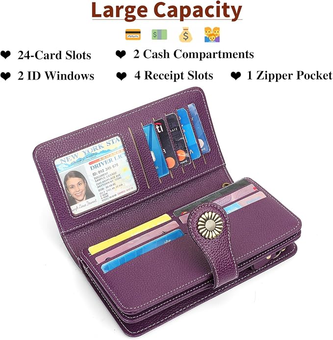 SENDEFN Wallets for Women Leather Credit Card Holder with RFID Blocking Large Capacity Wristlet | with RFID Blocking - Image 3