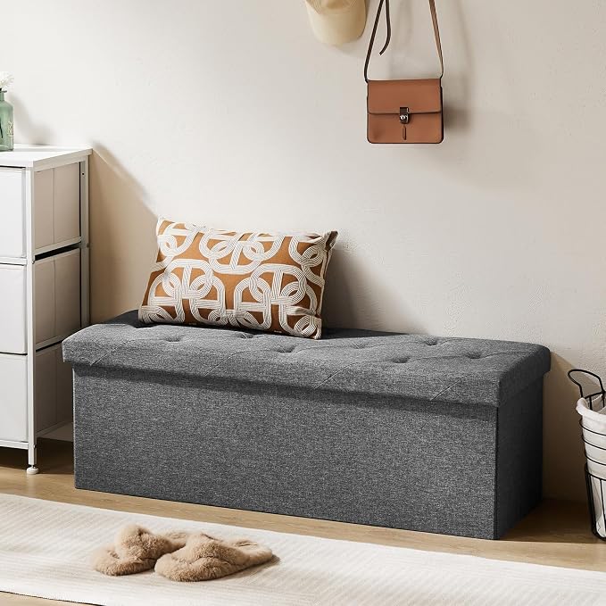 DUMOS 43 Inch Folding Storage Ottoman Bench, Large Ottoman with Storage | Storage Chest with Thicker Foam Padded Seat, End of Bed Foot Rest Stool for Bedroom Living Room Entryway, Load 660 lbs, Grey - Image 2