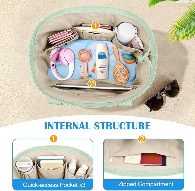 HUANLANG Large Beach Bags for Women Pool Bag with Zipper, Waterproof Sandproof Beach Tote Travel Bag with Wet Pocket - Image 6