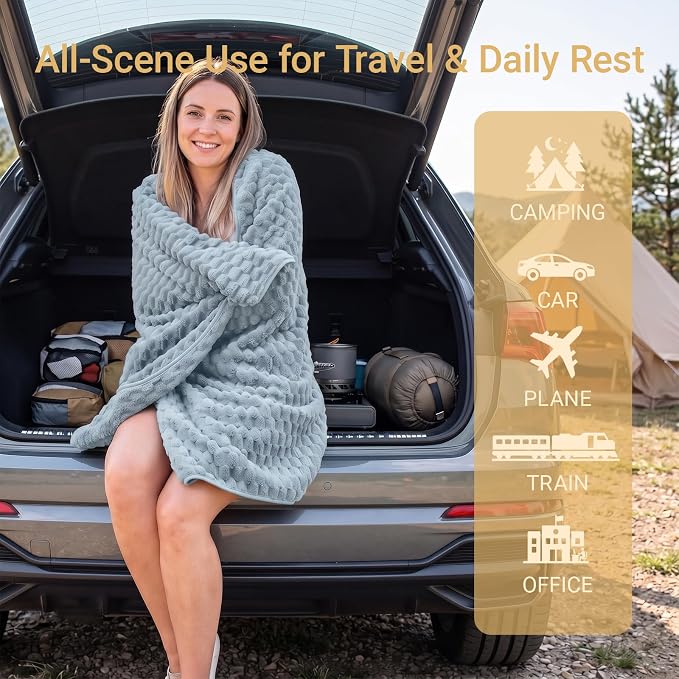 Travel Blanket with Bag, Soft Fleece Portable Airplane Blanket, Light Blue | Soft fleece travel blanket 50x60in grey. 5-in-1: pillow, lumbar support, shawl, hand warmer. Washable, luggage sleeve, clip. - Image 3