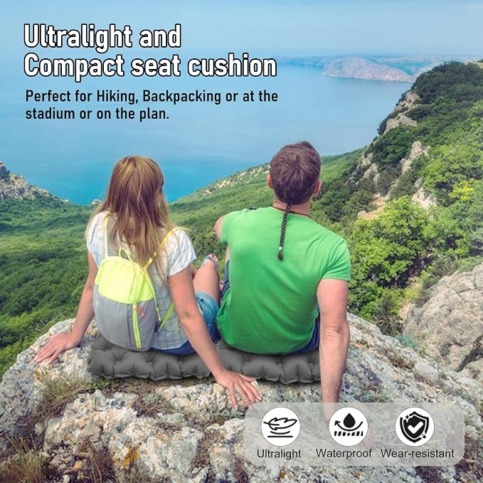 Inflatable Seat Cushion, Lightweight Stadium Seat Pad, Travel Air seat Cushion Anti-Slip for Airplane, Long Flights, Hiking, Climbing, Home and Camping, Compact Air Cushion,Gray - Image 6