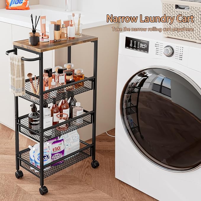 Slim Rolling Cart 4 Tier Narrow Storage Cart on Wheels with Handle | Lockable Wheels, Wood Top Panel, Metal Frame Utility Carts for Kitchen, Dining, Living, Home Office, Laundry Room - Image 5