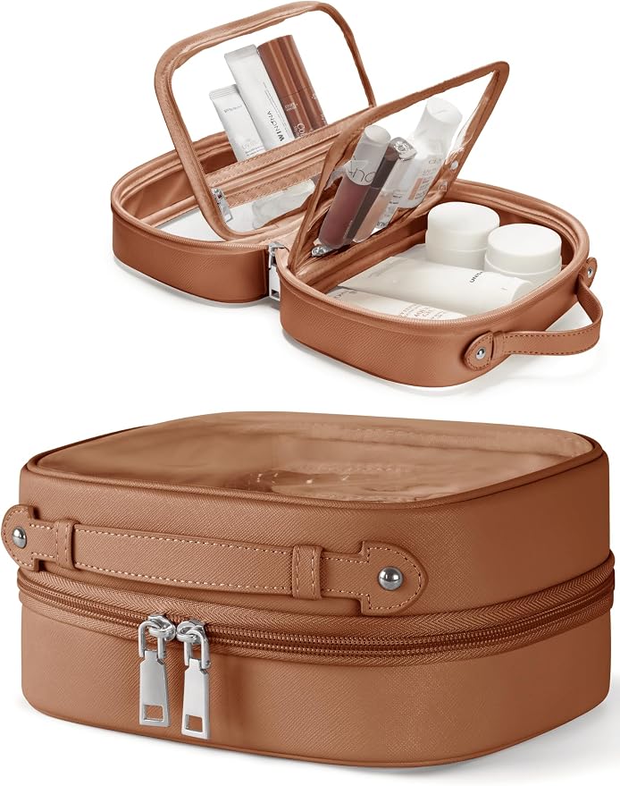 Clear Cosmetic Bag Double Layer Travel Toiletry Bag Clear Makeup Bag Case with 4 Compartments, Transparent Travel Bag for Toiletries, Large Toiletry Bag for Women Cosmetic Case (Brown, Small) by Oaque