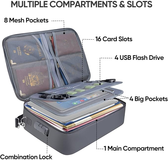 BALEINE Fireproof Document Box with Lock, Portable Fireproof Document Bag Waterproof Fire Proof File Boxes for Documents, File Organizer Box for Important Paperwork (Gray, 15''x11''x4'') - Image 2