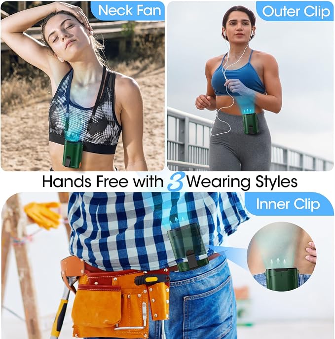Heelkl 2026 AI Portable Fan Rechargeable, 4 Speeds Strong Airflow, Personal Waist Fan with up to 25H of Working Time, Hanging Neck Fan, Wearable Belt Fan for Camping, Outdoor, Jobsite - Green - Image 4