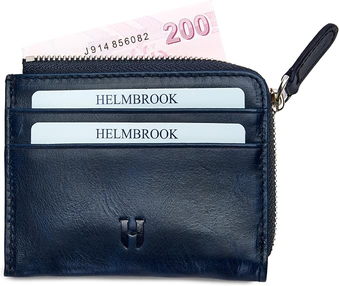 RFID Blocking Zipper Wallet, Slim Business Card Holder, Men & Women, Handcrafted Full-Grain Leather, Gift Box & Pouch, Christmas & Birthday, Navy Blue - Image 2