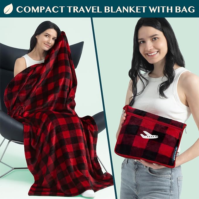 PAVILIA Travel Blanket and Pillow, Soft Ribbed Fleece Airplane, Plaid Red | 65x40, Compact Packable Plane Throw with Bag, Luggage Strap and Back Pocket, Cozy Flight Essentials Travelers Camping Gift - Image 2