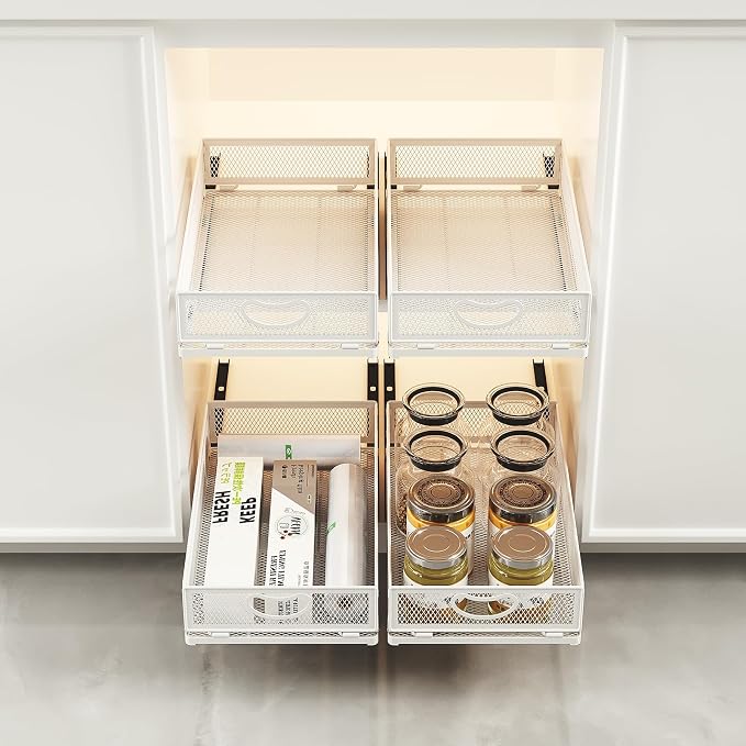 2 Pack Pull Out Cabinet Organizer, No Drill Adhesive Sliding Drawers for Kitchen, Metal Mesh Wire Storage Shelf for Pantry & Under Sink, White (9.6" W x 15.7" D x 3.9" H) - Image 3