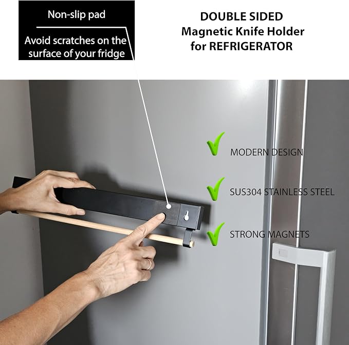 Premium Magnetic Knife Holder for Refrigerator with Hooks – 16 Inch Professional Double Sided Black Magnetic Knife Strip and utensil hanger for Fridge-Stainless Steel Magnet Knife Bar Wall - Image 5