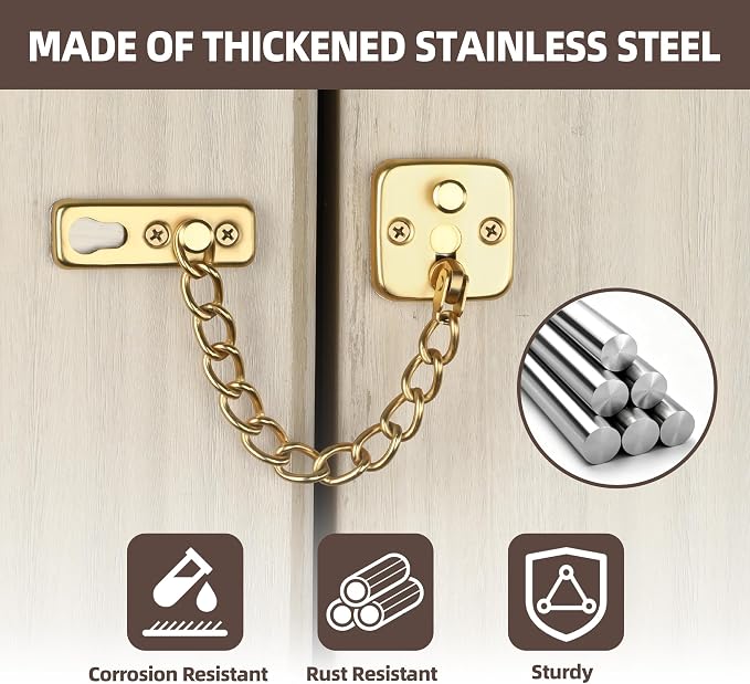 Mooche Door Chain Lock, Chain Door Lock with Spring Anti-Theft Press Lock | Thickened Stainless Steel Door Latch Guard with Screws for Interior Outdoor Toilet Barn Fence Garage (Gold) - Image 6