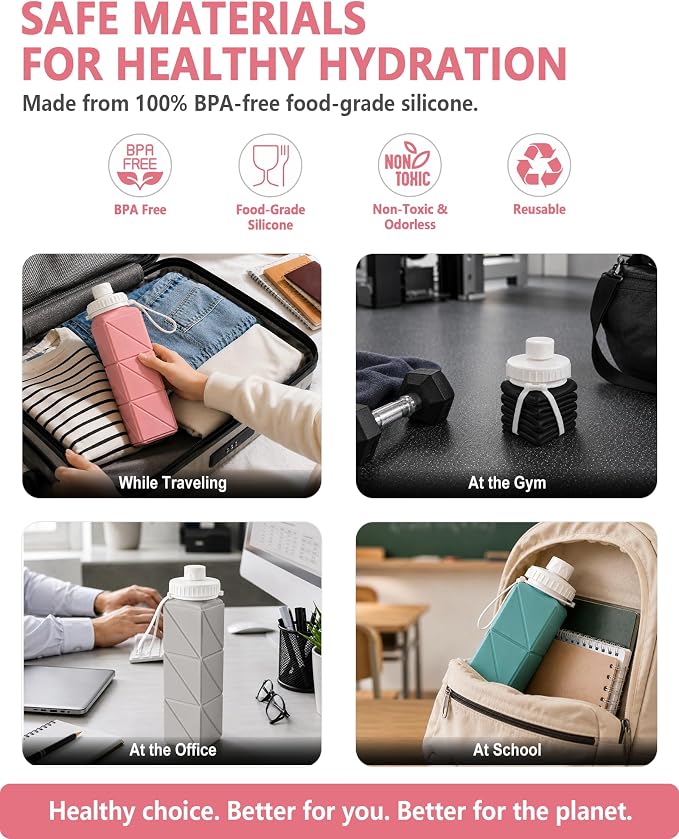 BEAUTAIL Collapsible Water Bottles 21oz/610mL, Silicone Travel Water Bottle | BPA Free, Leakproof & Reusable, Foldable Water Bottle for Traveling, Hiking, Gym, School, Sports, Outdoor, 1-Pack, Pink - Image 3