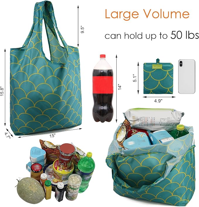 BeeGreen Reusable Grocery Bags Geometry Design - Pack of 6 Foldable Totes for Women with Pouch,X-Large 50lbs Capacity Machine Washable Polyester Sturdy Shopping Bags for Women Travel Shopping - Image 3
