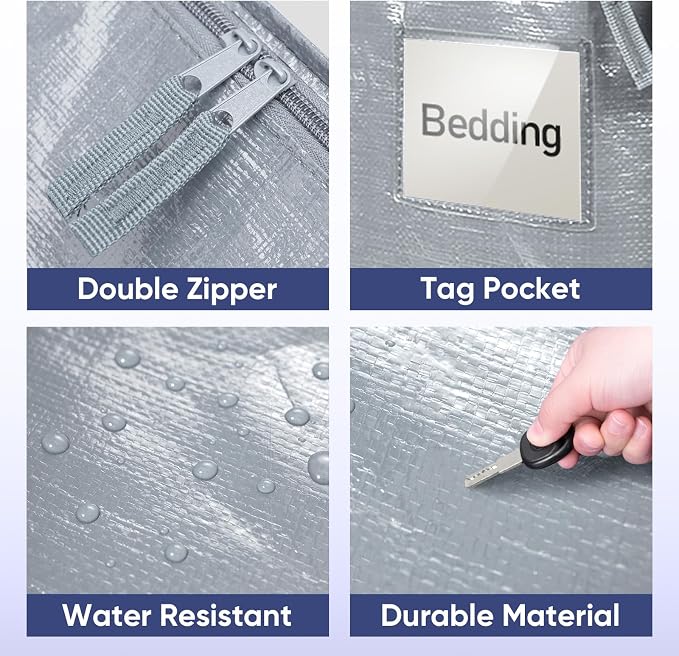 TICONN 2 Pack Extra Large Moving Bags Heavy Duty with Zippers & Carrying Handles, Durable Storage Bags Moving Boxes for Closet Organizers and Storage (2 Pack, Light Grey) - Image 6