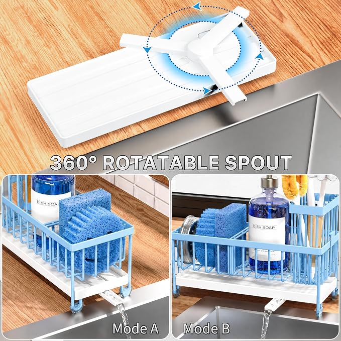 Cisily Sponge Holder for Kitchen Sink, Sink Caddy Organizer with High Brush Holder, Kitchen Countertop Organizers and Storage Essentials, Rustproof 304 Stainless Steel (Blue, 9.25″) - Image 2