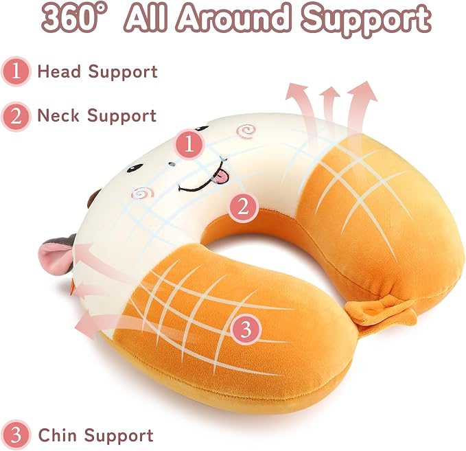 Memory Foam Travel Neck Pillow for Teens and Adults, Removable Cover, Cow | Machine washable, 17 in neck size for teens and adults, 360-degree head and chin support, car and airplane use - Image 4