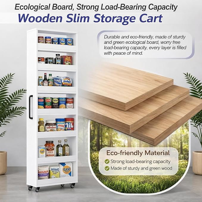 Beside Fridge Storage Slim Tall Cabinet - 7-Tier Tall Narrow Kitchen Pantry Pull Out Storage Cabinet Next To Fridge, Rolling Cart For Kitchen, Dorm, Bathroom, Laundry & Office (White, 15.7 in) - Image 5