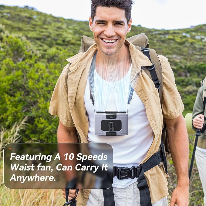 Doublepow 10000mAh Portable Waist Fan, Personal Dual Waist Fan, Clip On Belt Hanging Neck, Dual Motor 20H&10 Speed 16000RPM Strong Airflow, USB Rechargeable Fans, for Outdoor Work Travel(K60-Gray) - Image 6