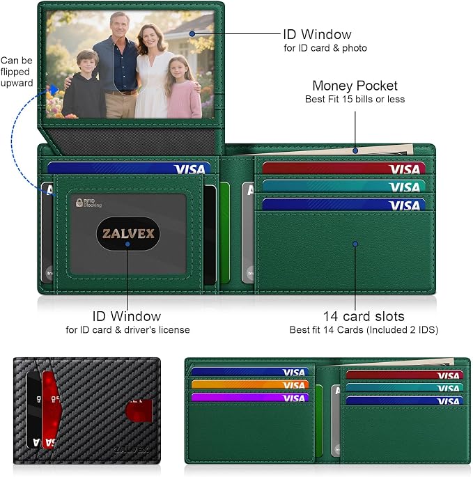 Wallet for Men Slim RFID Blocking Leather Credit Card Holder Wallet for 14 Cards, Bifold Minimalist Thin Wallet with 2 ID Windows & Cash Slot, Front Pockt Carteras Para Hombres, Birthday Gifts for Men | 14 Cards Bifold Minimalist Thin Wallet with 2 ID ... - Image 2