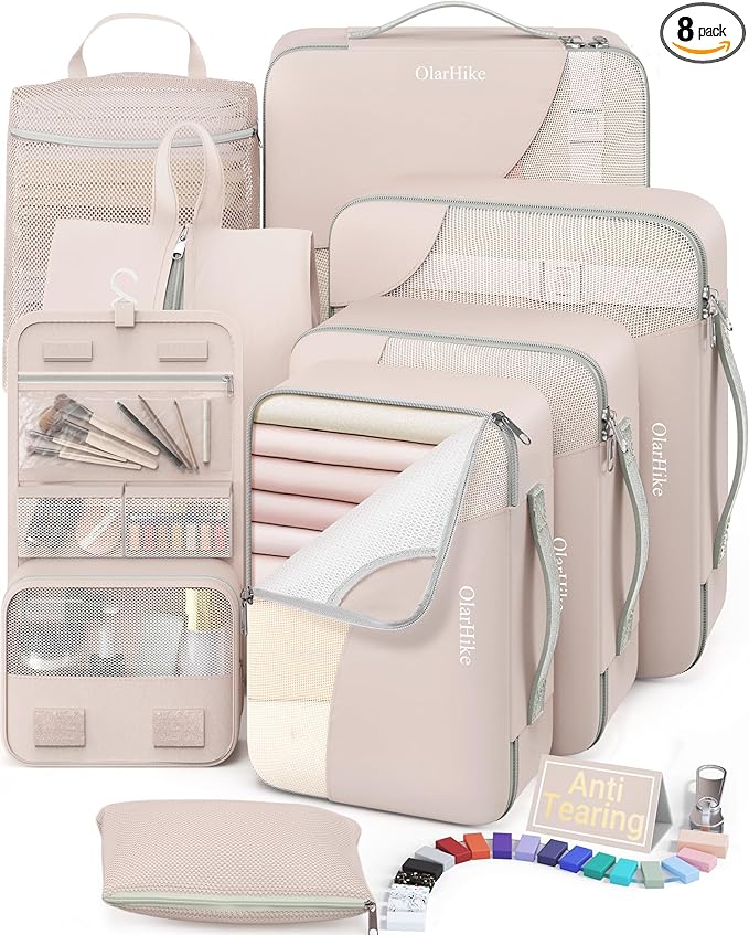 8 Set Packing Cubes for Travel, Gifts for Women Mom,Anti-Tearing Suitcase Organizer for Luggage with Shoe & Hanging Toiletry Bag,OlarHike Vacation Essentials & Accessories for Cruise Ship by OlarHike