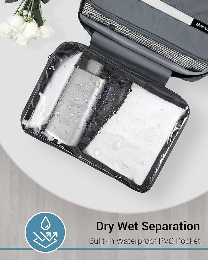 Maliton Toiletry Bag for Men & Women Travel Toiletry Bag Hanging Toiletry Bag Hygiene Organizer with 4 Compartments Waterproof Bathroom Shower Bag Large Toiletries Travel Bag (Gray) - Image 5