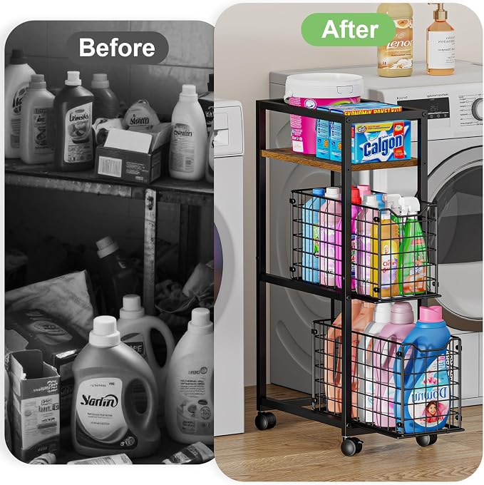 Hongtamoya 3 Tier Laundry Room Cart with Pull-Out Baskets, Utility Slim Storage Cart with Wheels Small Rolling Cart with Wood Top Metal Narrow Bathroom Laundry Room Organization Trolley, Black - Image 8