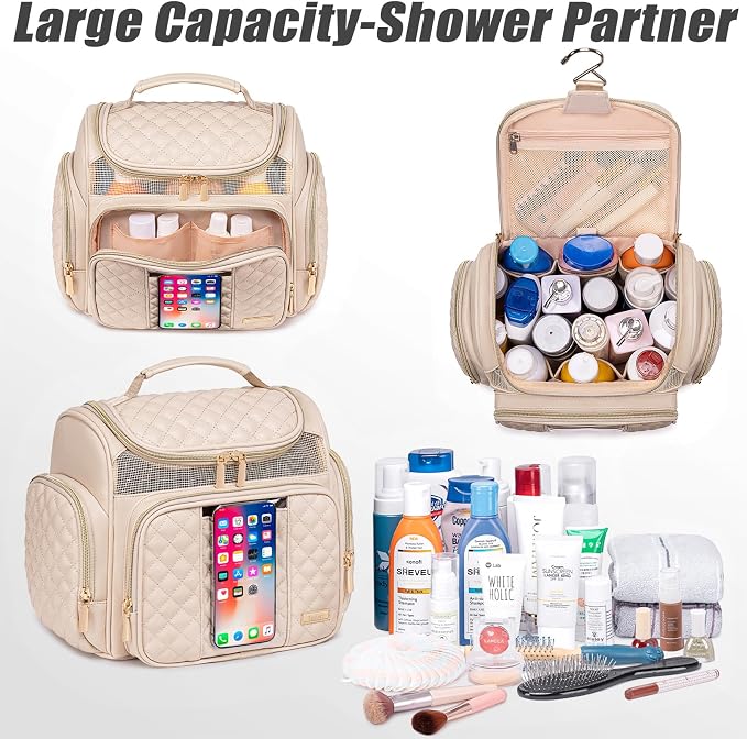 Large Leather Toiletry Bag for Women Men,Bathroom Bag,Water Resistant Shower Bag,Makeup Bag,Portable Shower Caddy for College Dorm,Hanging Travel Toiletry Bag with Transparent Waterproof Phone Pocket - Image 6