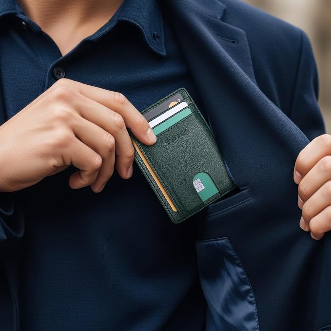 Buffway Slim Minimalist Front Pocket RFID Blocking Leather Wallets for Men and Women - Lichee Green - Image 7