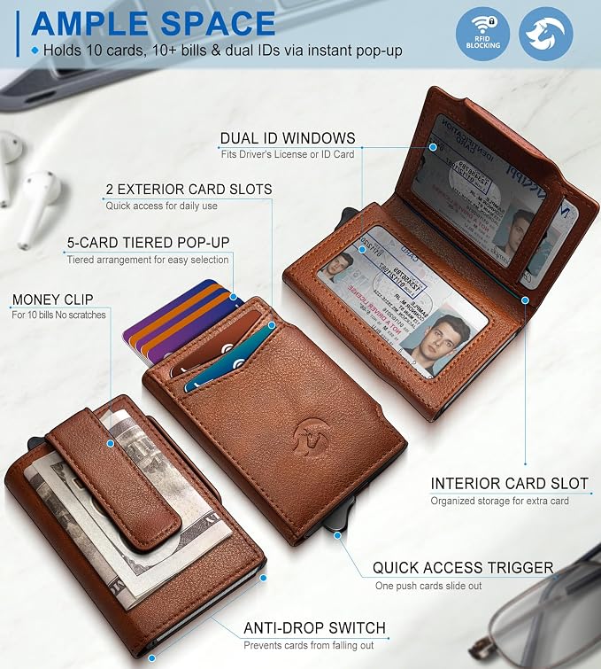 Wallet for Men, Slim Pop Up Card Holder with RFID Blocking, Minimalist Bifold Wallet with 10 Card Slots, 2 ID Window and Money Clip, Metal Flip Case with Magnetic Closure, Gift Box - Image 2