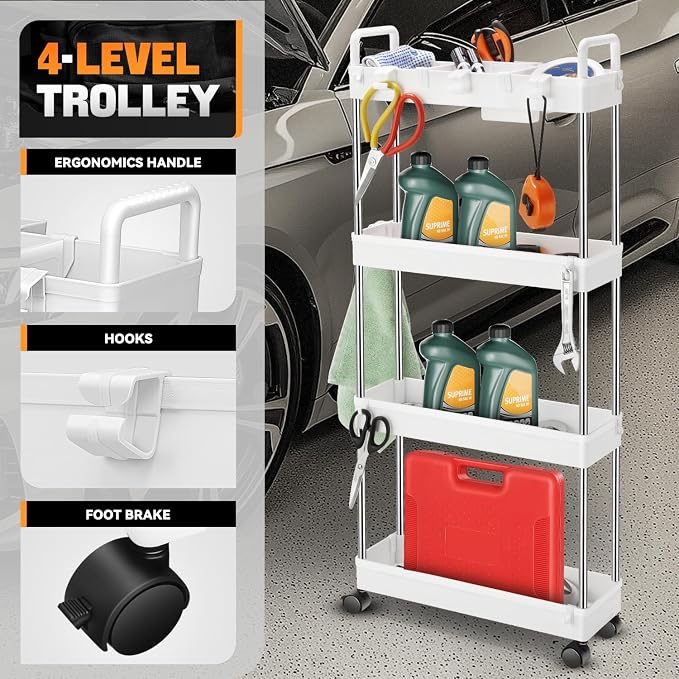 Auto Dynasty 4-Tier Rolling Utility Cart w/Handle, Narrow Storage, White | Sturdy Steel Frame, Smooth-Rolling Casters, Multifunctional Shelves, Space-Saving Slim Design, for Office/Kitchen/Bathroom - Image 2