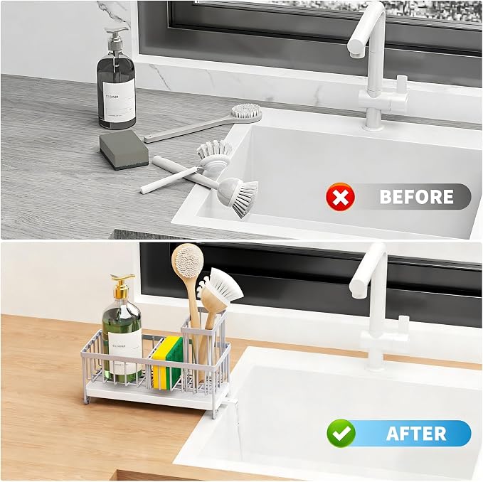 Cisily Sponge Holder for Kitchen Sink, Sink Caddy Organizer with High Brush Holder, Kitchen Countertop Organizers and Storage Essentials, Rustproof 304 Stainless Steel (Gray, 9.25″) - Image 6