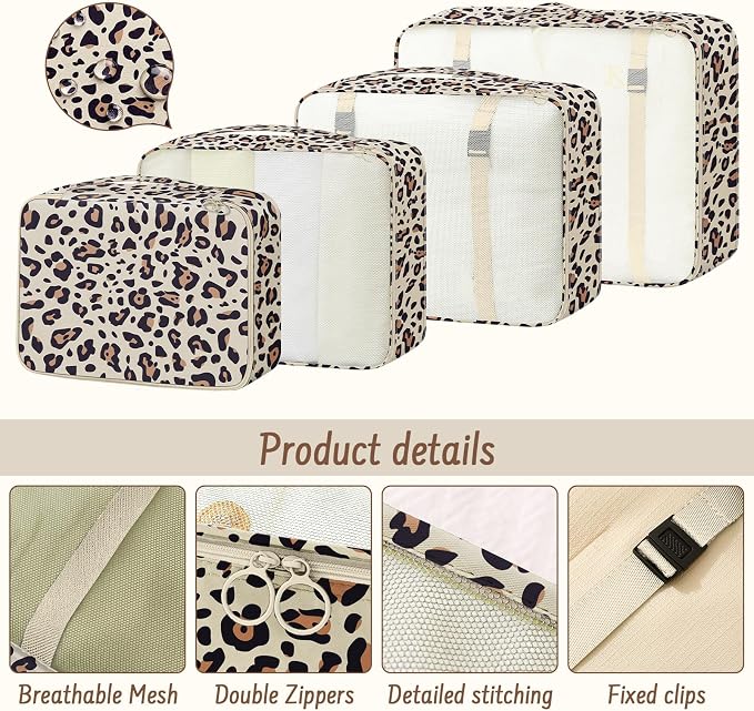 9 Set Packing Cubes for Travel Essentials - Lightweight Carry-On Luggage Organizer Bags with Shoe, Clothes & Laundry Bags for Airplane, Family & Business Travel, Leopard print - Image 6