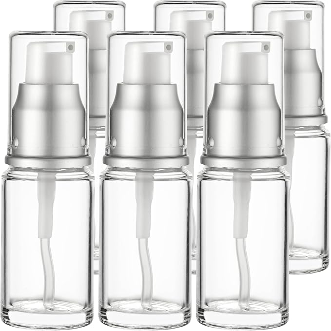 Clear Glass Pump Bottle (6-Pack) 0.5 Oz 15ml - Refillable, Lotion | Silver Cap, Luxury, Serum, Foundation, Body Cream, Sanitizer, Cosmetics, Travel by Vitalup