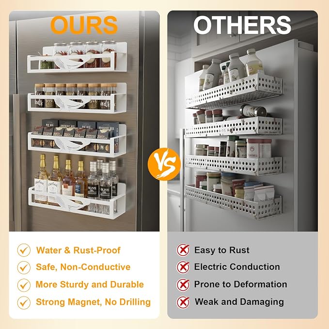 Magnetic Spice Rack for Refrigerator, 4-Pack Metal Seasoning Organizer for Kitchen Storage Organization, Space Saving Magnetic Shelf for Fridge, Pantry, Laundry Room, White - Image 6