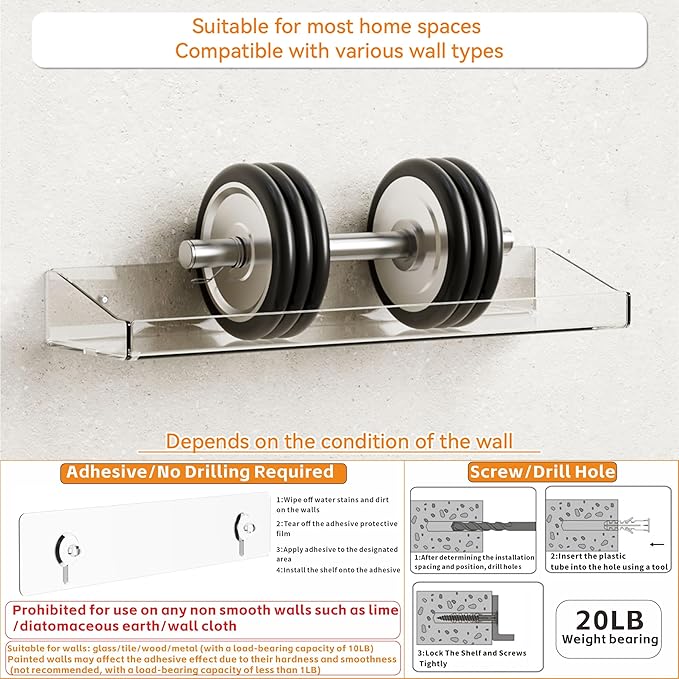 2 Pack Clear Shower Shelves for Tile Walls,Adhesive Acrylic Bathroom Shelves Organizer and Storage,No Drill Acrylic Shower Wall Caddy & Shelf,Floating Shelves for Makeup,Perfume,Shampoo Holder - Image 4