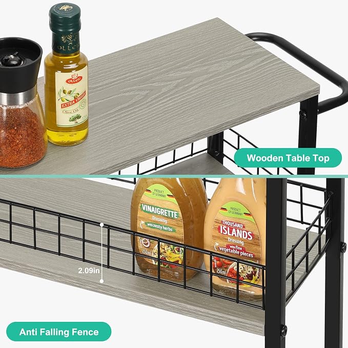 YBING Slim Storage Cart 4 Tier Narrow Rolling Cart, 7.3'' Wide | Mobile Kitchen Narrow Cart, Wooden Tabletop, With Handle, For laundry Living Room, Grey - Image 4