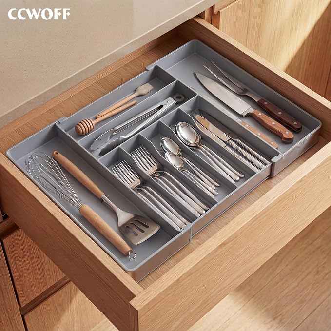 Silverware Drawer Organizer, 9 Slots Expandable Kitchen Drawer Organizer | Extra Large Utensil Holder & Cutlery Tray, Heavy Duty Stainless Steel Frame Flatware Organizer, Non-Slip Feet Included, Gray - Image 7