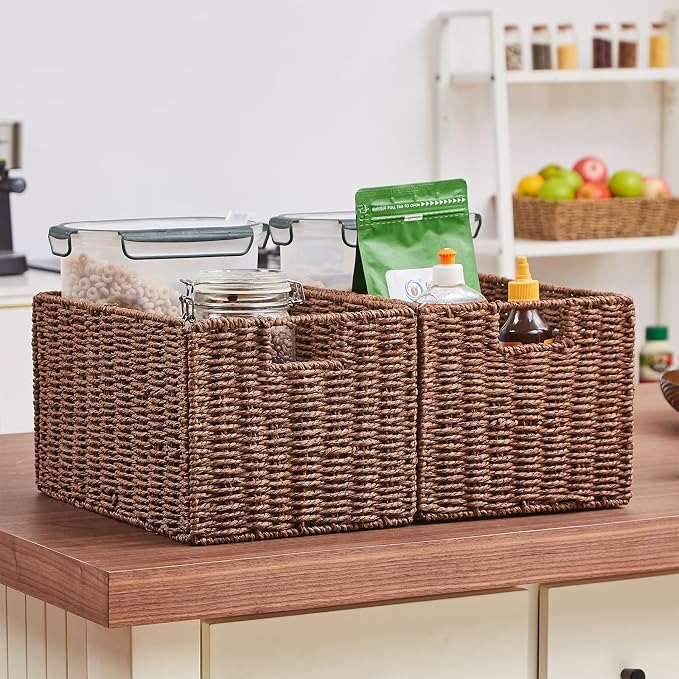Large Wicker Storage Basket, Set of 2 Baskets for Organizing Brown | Hand-Woven Wicker Small Storage Baskets for Organizing Toilet Paper, Foldable Large Cube Storage Organizer Bins for Shelves - Image 7