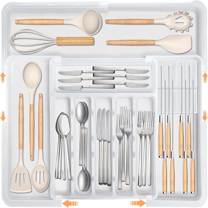 Homecor Silverware Organizer for Kitchen Drawer, Expandable Utensil Drawer Organizer with 2 Knife Block, Flatware and Cutlery Holder, Adjustable Plastic Storage for Spoons Forks Knives by HOMECOR