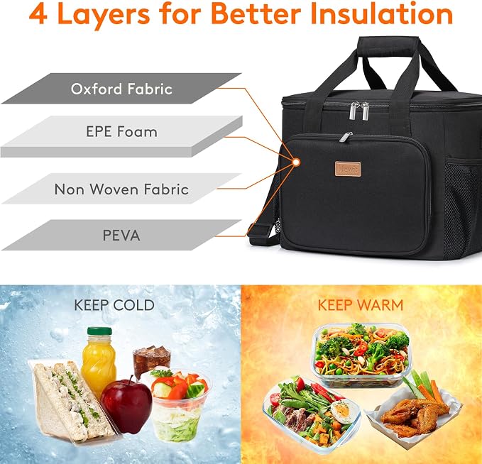 Lifewit Large Lunch Bag, Insulated Lunch Box, Soft Cooler Cooling Tote for Adult Men Women, Black 40-Can (24L) - Image 3