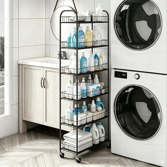 Slim Rolling Storage Cart with Wheels,10in 6 Tier Black | Narrow Space Rolling Shelving Unit , Metal Wire Mobile Organizer Rack for Kitchen Bathroom Office Laundry - Image 4