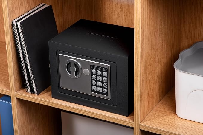 Small Electronic Safe Box With Digital Keypad & Keys - 9.05 x 6.7 x 6.7 Inches Wall Safe 0.23Cuft Mini Security Box for Coin Home Office Hotel Rooms Business Jewelry Gun (Black) - Image 2