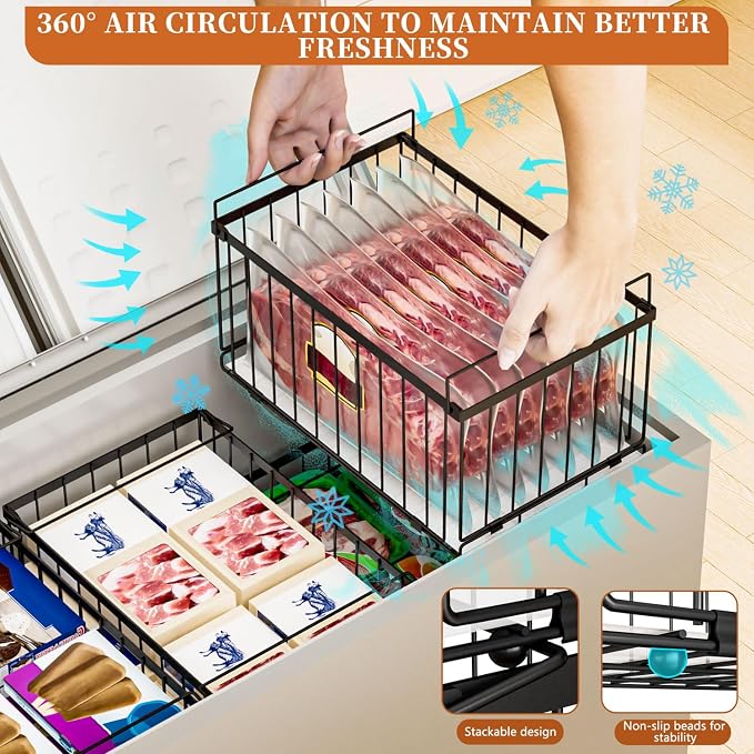 Large Freezer Organizer Bins for 5 to 9 Cu.Ft,Quick Expand/Collapse,3PACK | Freezer Organizer Bins, Stackable,foldable,With handle Wire Storage Container Baskets for Sort Frozen Meats,Leak-Proof Liner - Image 5