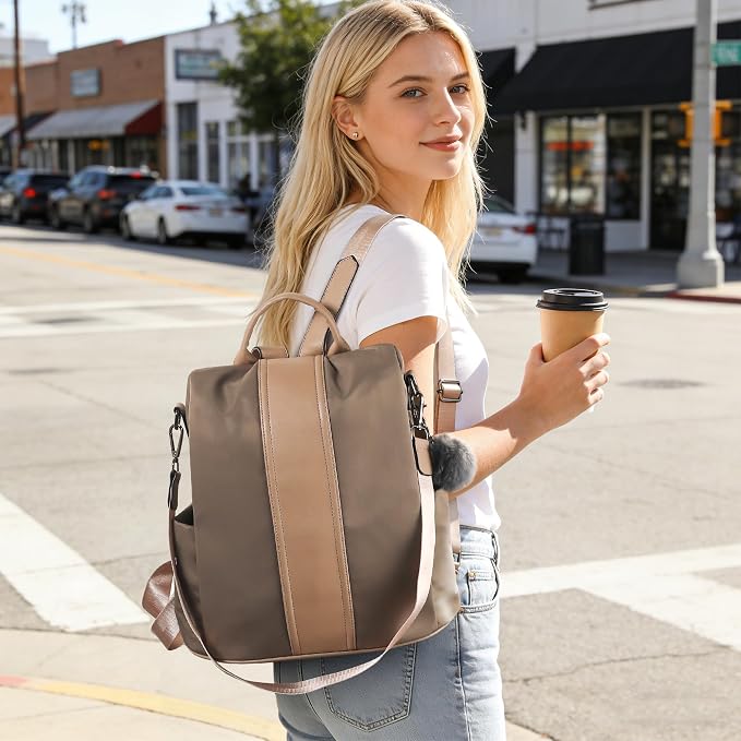 PINCNEL Women Medium Backpack Purse Waterproof Nylon Anti-theft Rucksack Lightweight Shoulder Bag Mocha - Image 8