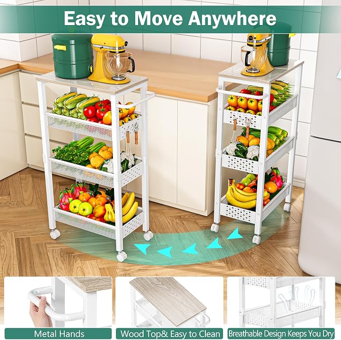 Vivihomety 4-Tier Laundry Utility Rolling Storage Cart with Wheels, Metal | Narrow 8.1" wide, lockable wheels, wood top panel, metal frame, for laundry room, small spaces, pantry, tight gaps, White - Image 7